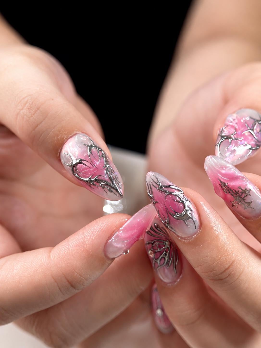 Pink Chrome Press-On Nails – Silver Butterfly – Almond