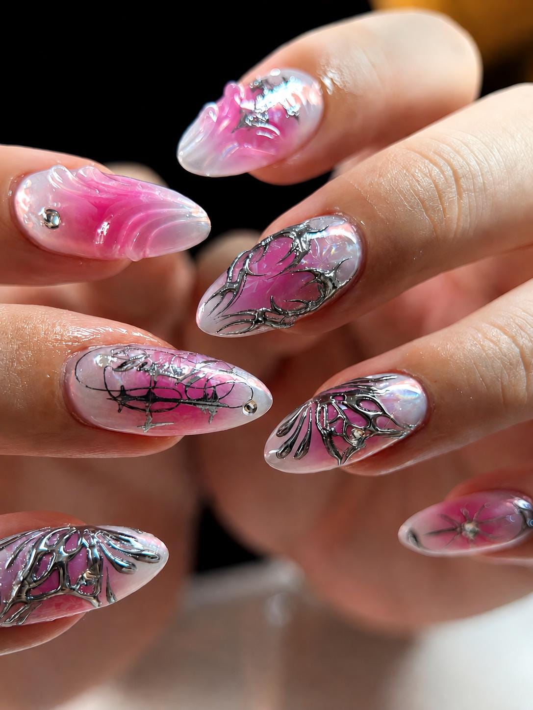 Pink Chrome Press-On Nails – Silver Butterfly – Almond
