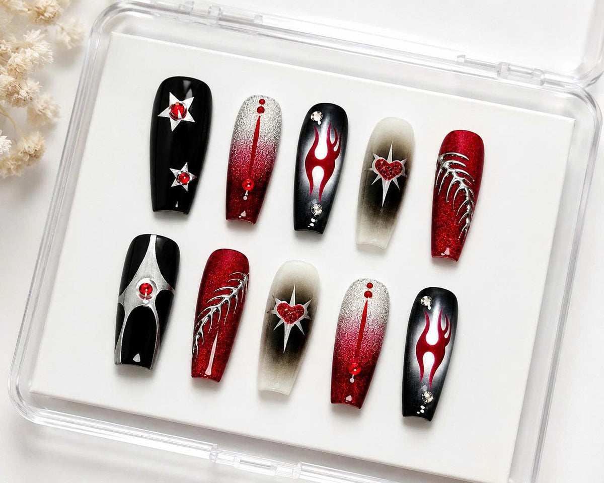 Y2K Press-On Nails – Red and Black Coffin – Flame Details
