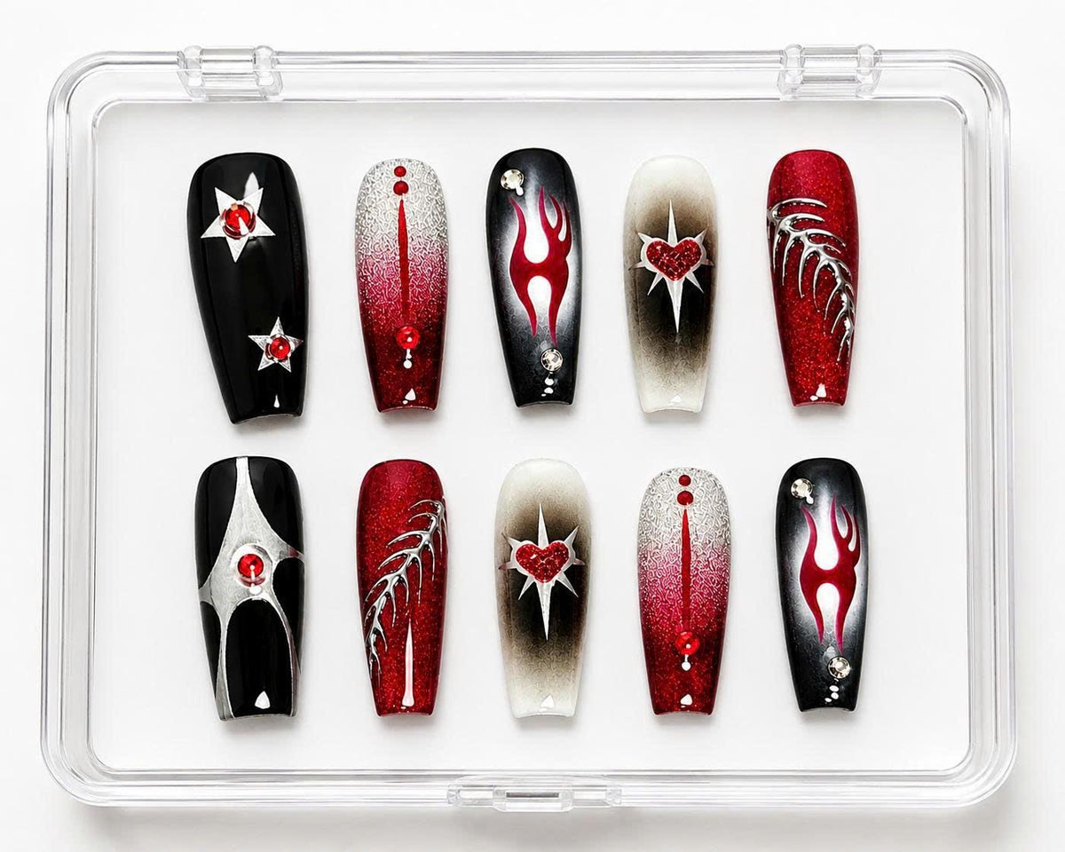 Y2K Press-On Nails – Red and Black Coffin – Flame Details