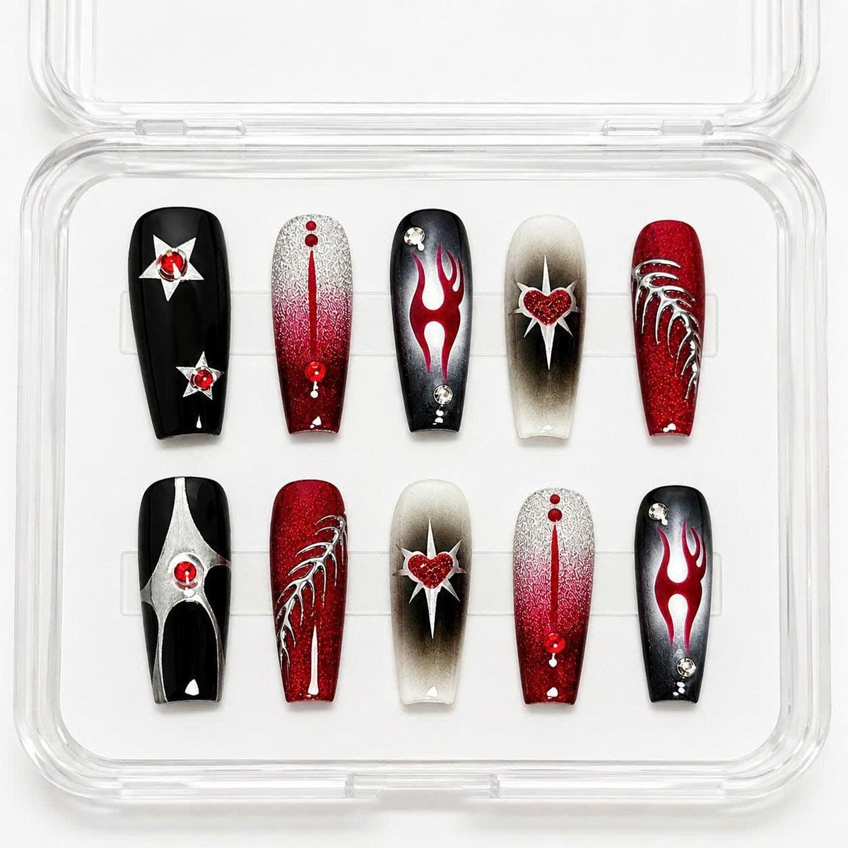 Y2K Press-On Nails – Red and Black Coffin – Flame Details
