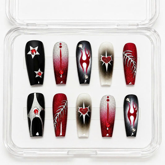 Y2K Press-On Nails – Red and Black Coffin – Flame Details