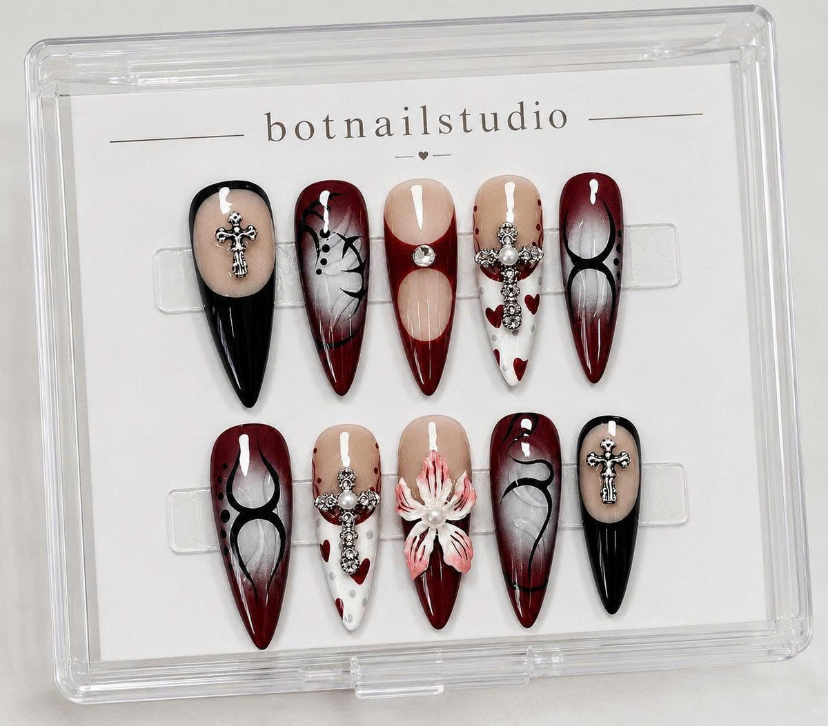 Y2K Press-On Nails – Red & Black Stiletto – Gothic Cross Charm