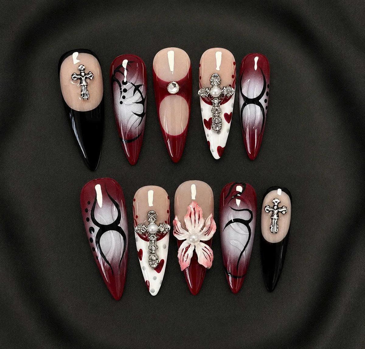 Y2K Press-On Nails – Red & Black Stiletto – Gothic Cross Charm