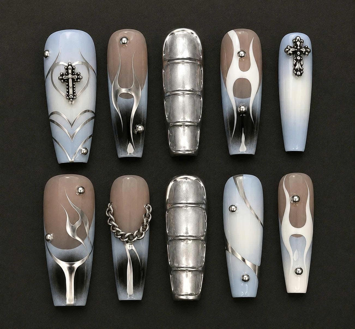 Y2K Chrome Press-On Nails – Blue & Silver Long Square – Gothic Cross & Chain Details