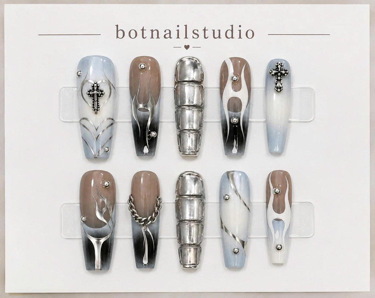 Y2K Chrome Press-On Nails – Blue & Silver Long Square – Gothic Cross & Chain Details
