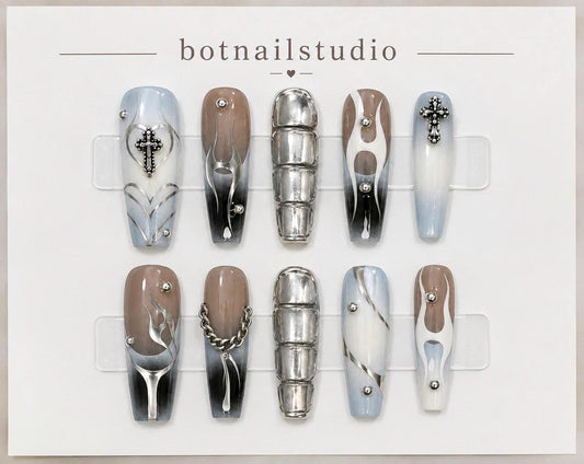 Y2K Chrome Press-On Nails – Blue & Silver Long Square – Gothic Cross & Chain Details