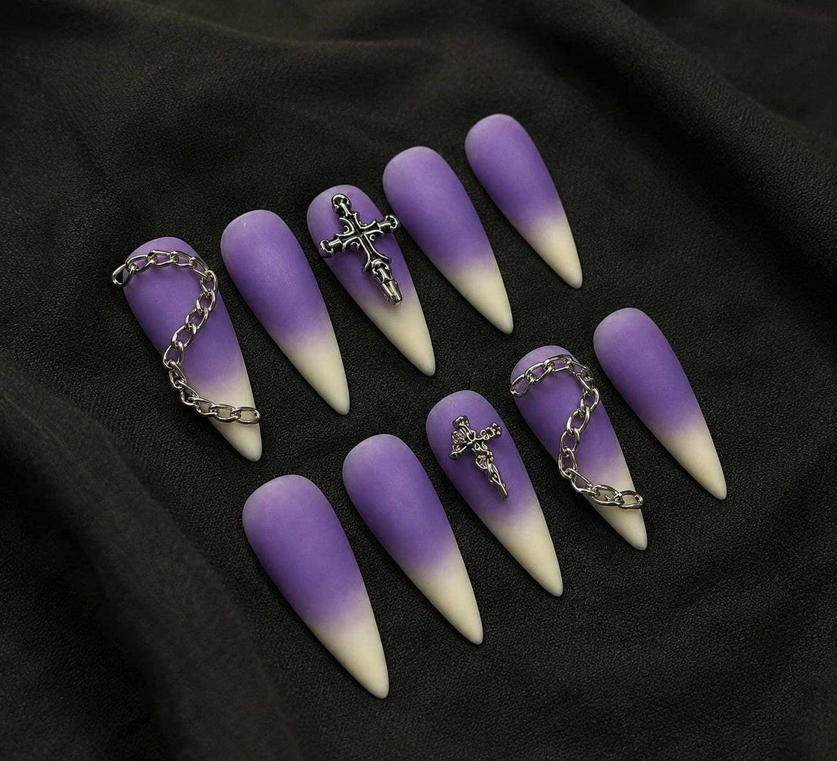 Y2K Purple Ombre Press-On Nails – Silver Cross & Chain – Long Stiletto Gothic