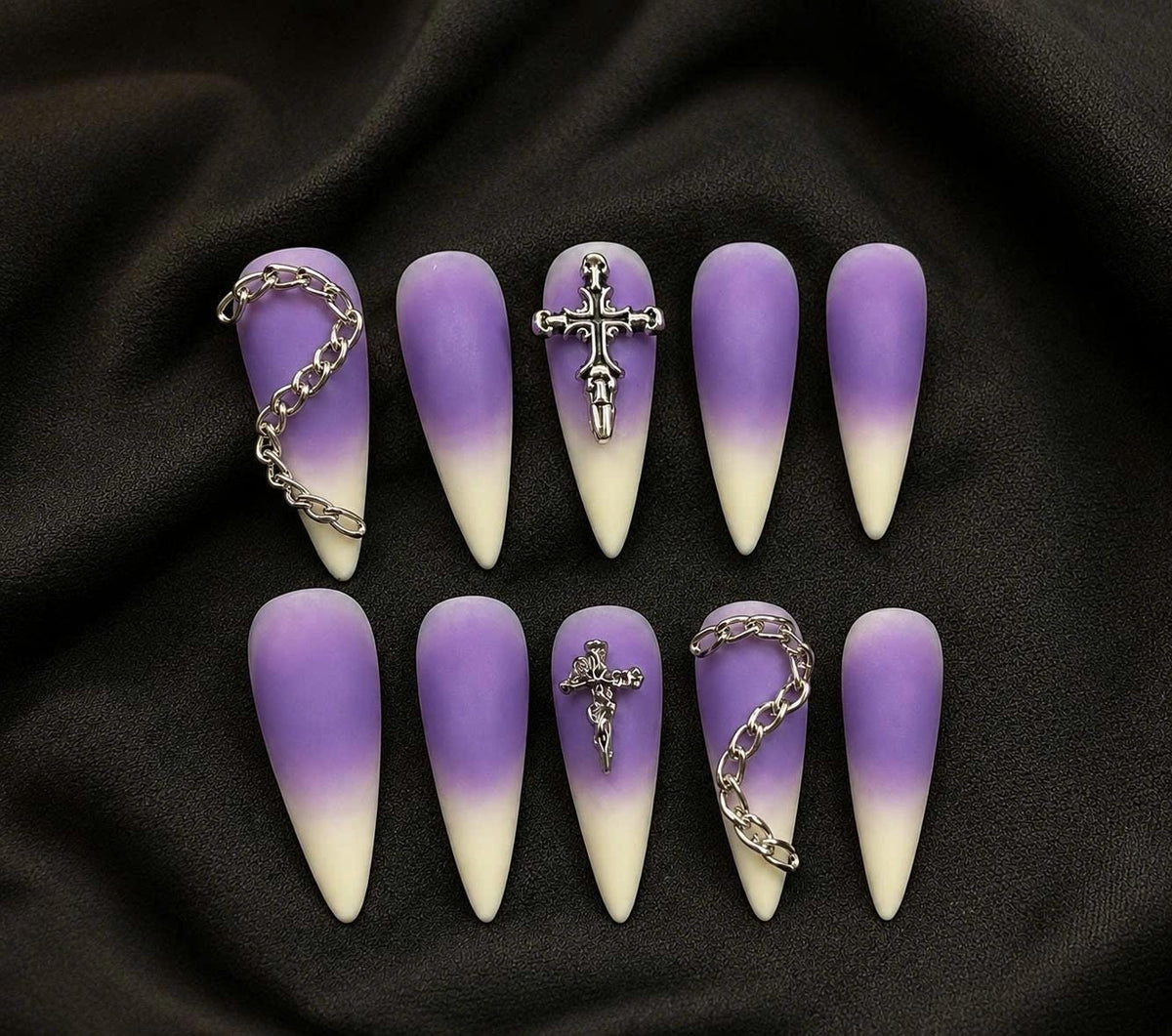 Y2K Purple Ombre Press-On Nails – Silver Cross & Chain – Long Stiletto Gothic