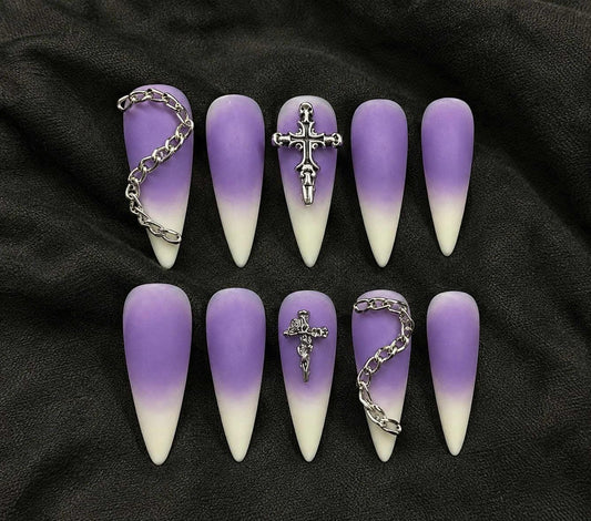 Y2K Purple Ombre Press-On Nails – Silver Cross & Chain – Long Stiletto Gothic