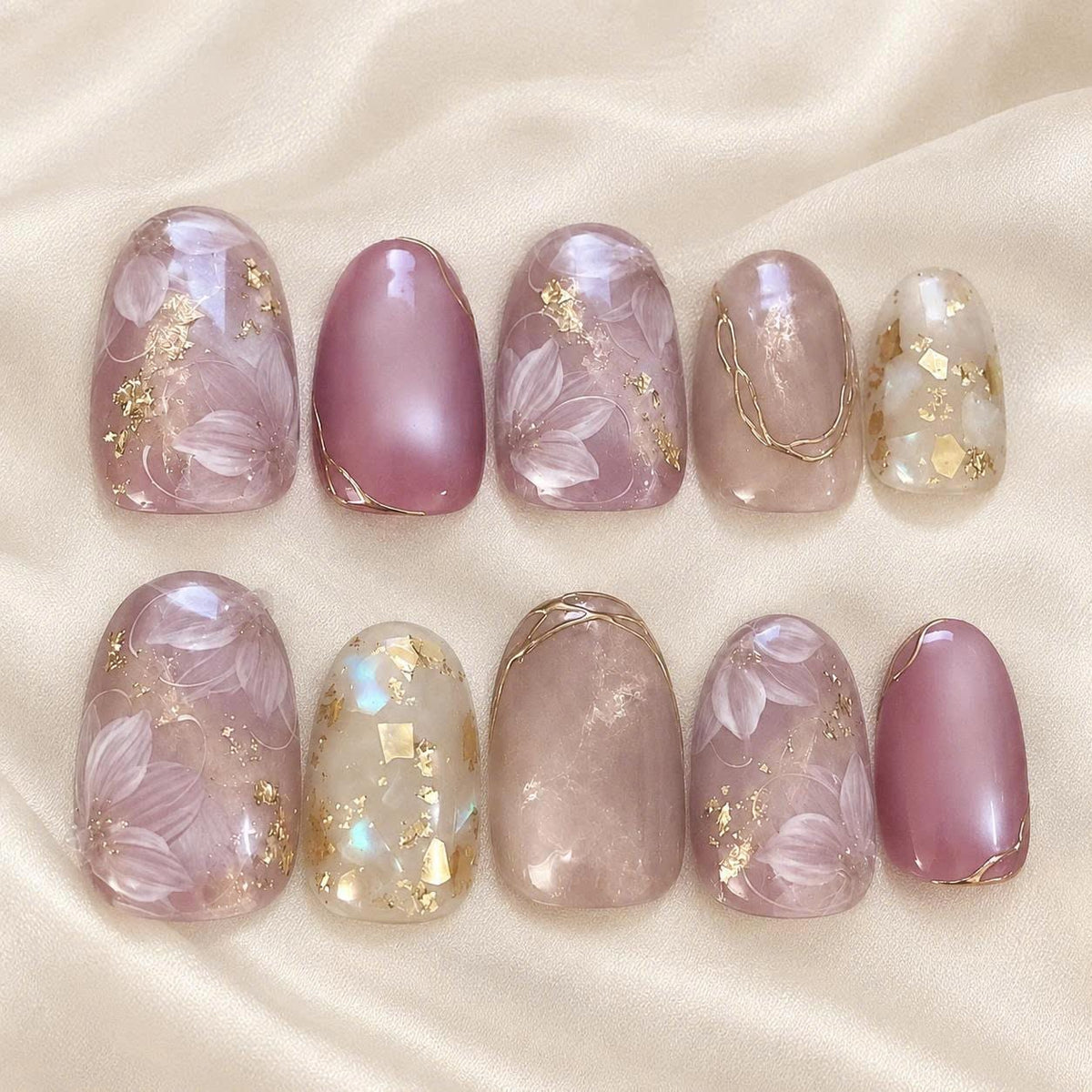 Pink Floral Press-On Nails – Jelly Oval – Gold Foil Flower