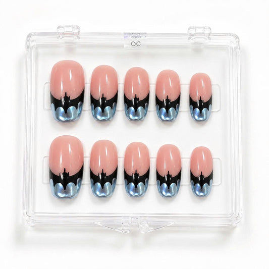 Halloween Bat Press-On Nails – Black Bat French Tip – Blue Chrome Short Square