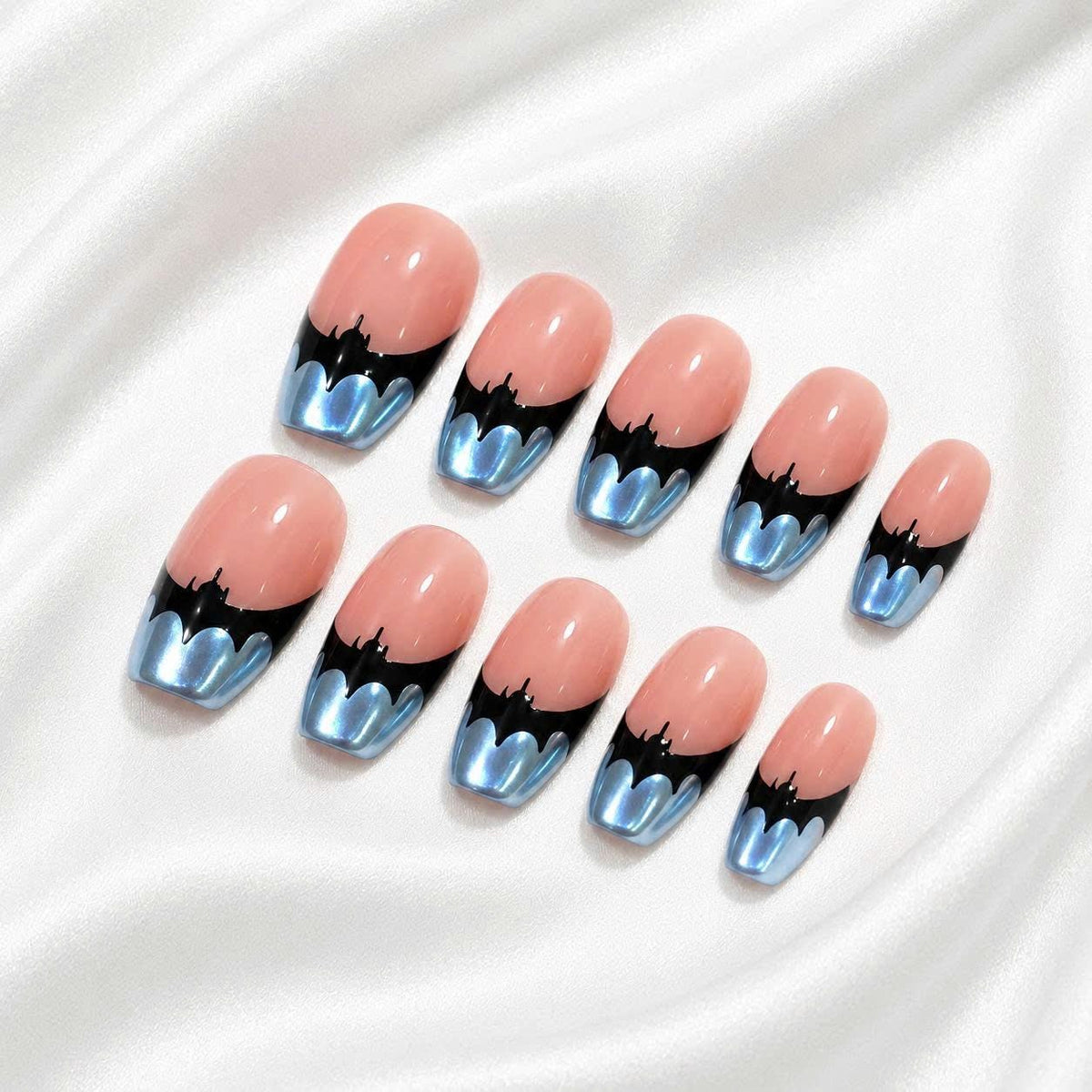 Halloween Bat Press-On Nails – Black Bat French Tip – Blue Chrome Short Square