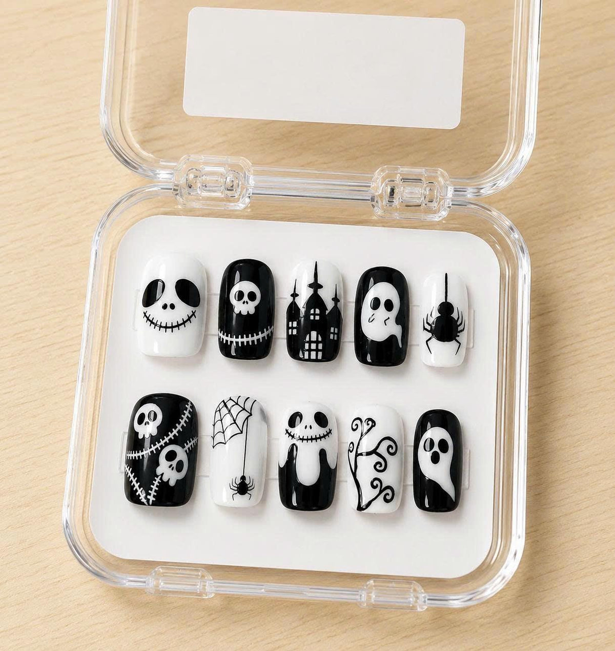 Halloween Press-On Nails – Black & White Ghost & Skull – Spider Web Short Square