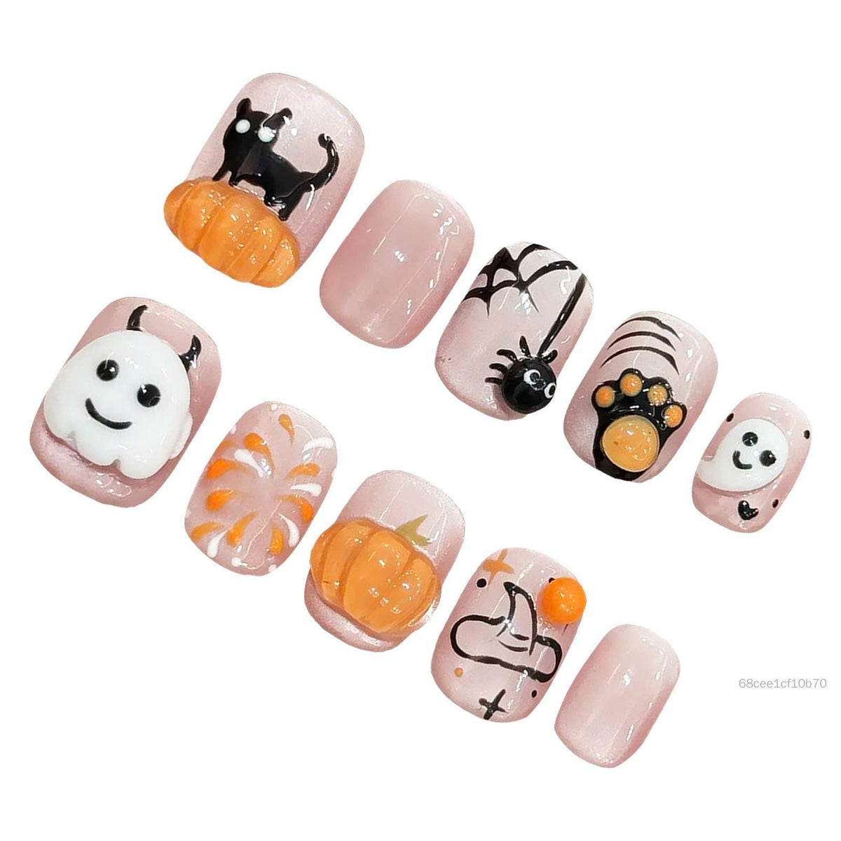 Halloween Press-On Nails – 3D Ghost Pumpkin & Black Cat – Short Square Cute Spooky
