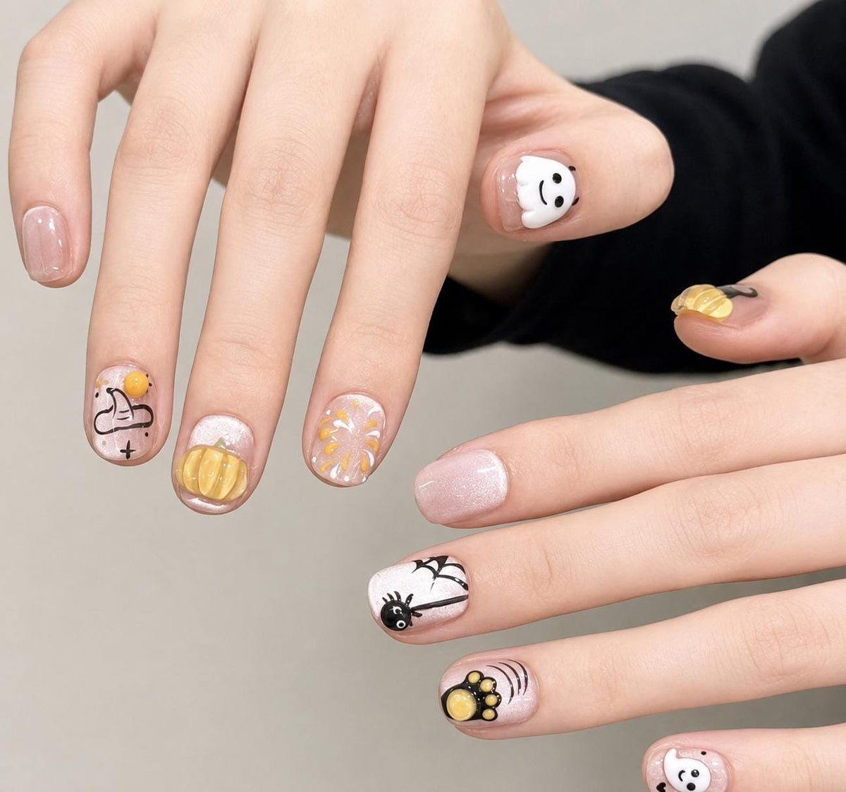 Halloween Press-On Nails – 3D Ghost Pumpkin & Black Cat – Short Square Cute Spooky