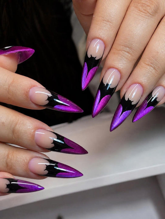 Black and Purple Gradient Press-On Nails – Gothic Bat Stiletto – Purple Glitter Pointed