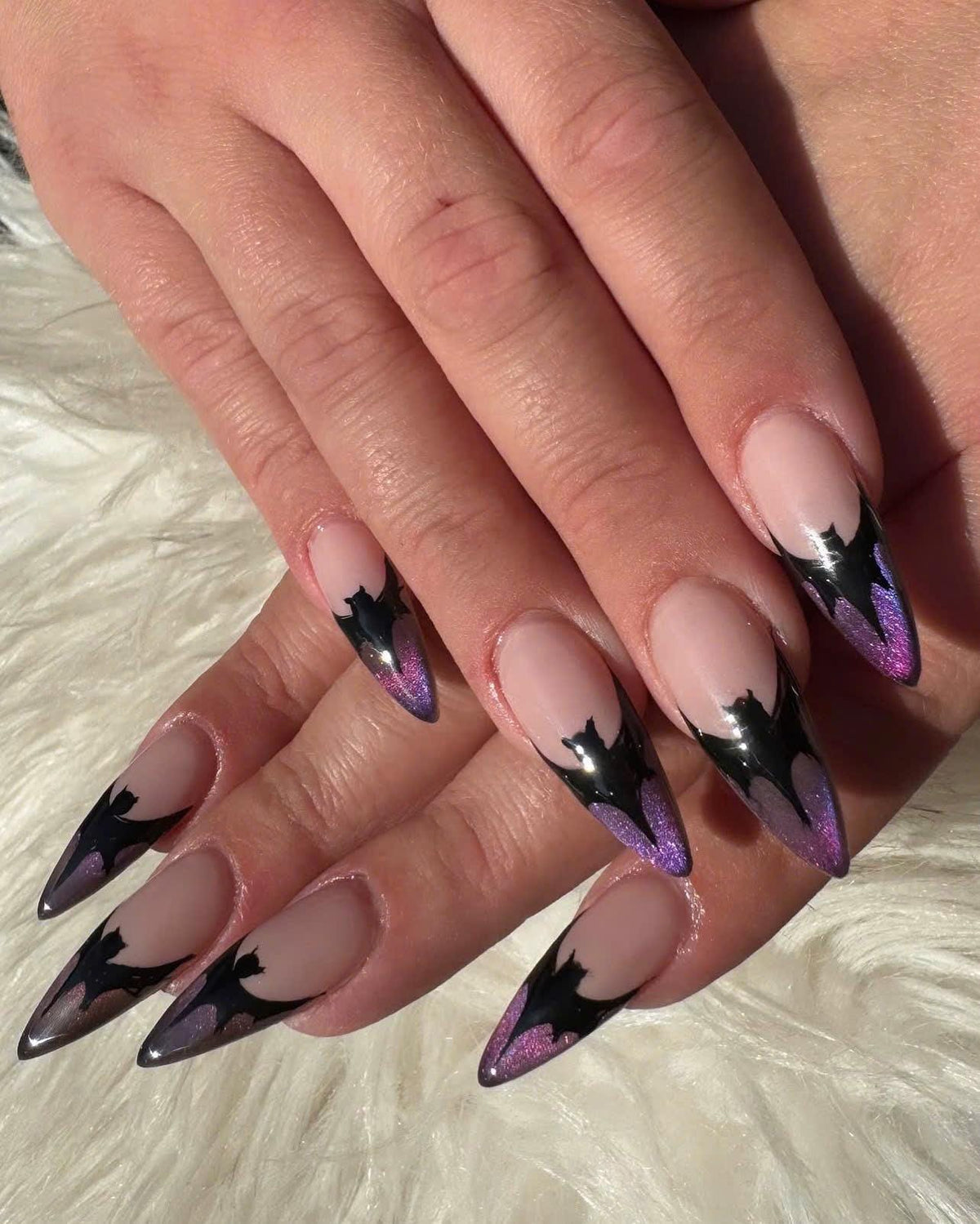Black and Purple Gradient Press-On Nails – Gothic Bat Stiletto – Purple Glitter Pointed