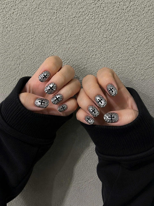 Silver Chrome Press-On Nails – Gothic Cross Short Square – Black Metallic Halloween