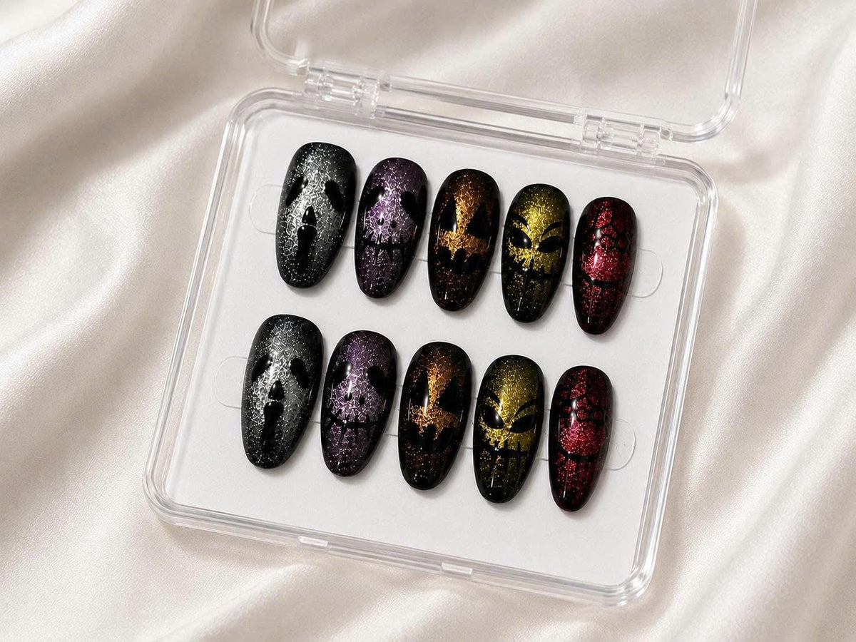 Glitter Skull Press-On Nails – Gothic Halloween Long – Multicolor Horror Face