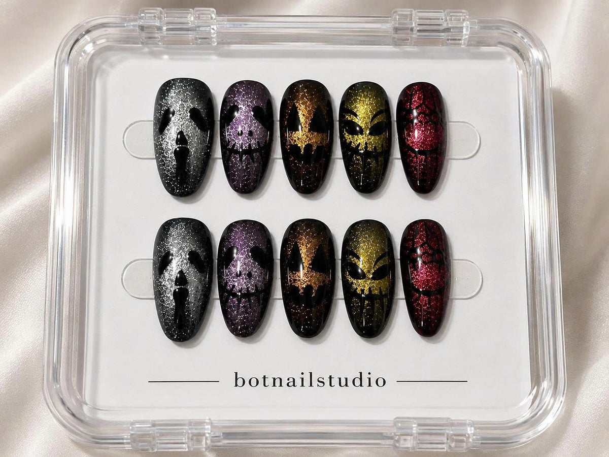 Glitter Skull Press-On Nails – Gothic Halloween Long – Multicolor Horror Face
