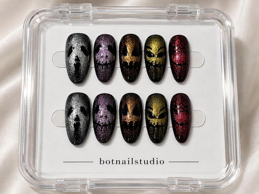Glitter Skull Press-On Nails – Gothic Halloween Long – Multicolor Horror Face