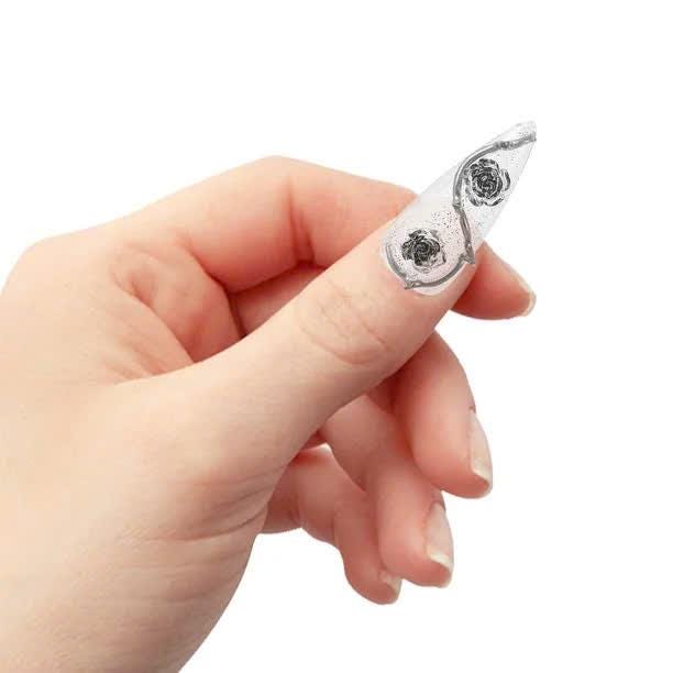 Silver Chrome Press-On Nails – 3D Rose Long Stiletto – Clear Glitter Floral