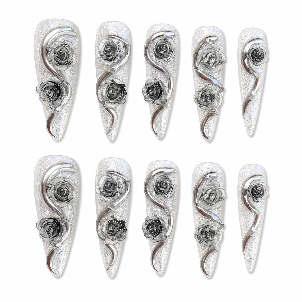 Silver Chrome Press-On Nails – 3D Rose Long Stiletto – Clear Glitter Floral