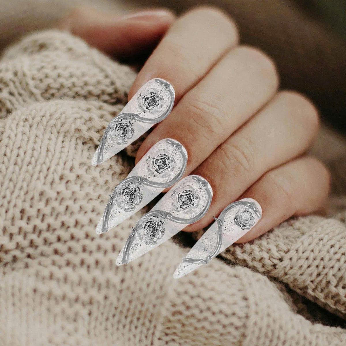 Silver Chrome Press-On Nails – 3D Rose Long Stiletto – Clear Glitter Floral