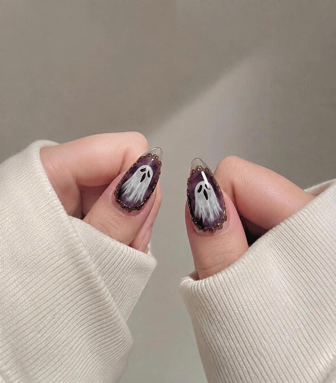 Ghost Halloween Press-On Nails – Purple Gothic Long Stiletto – Framed Spooky Ghost Details