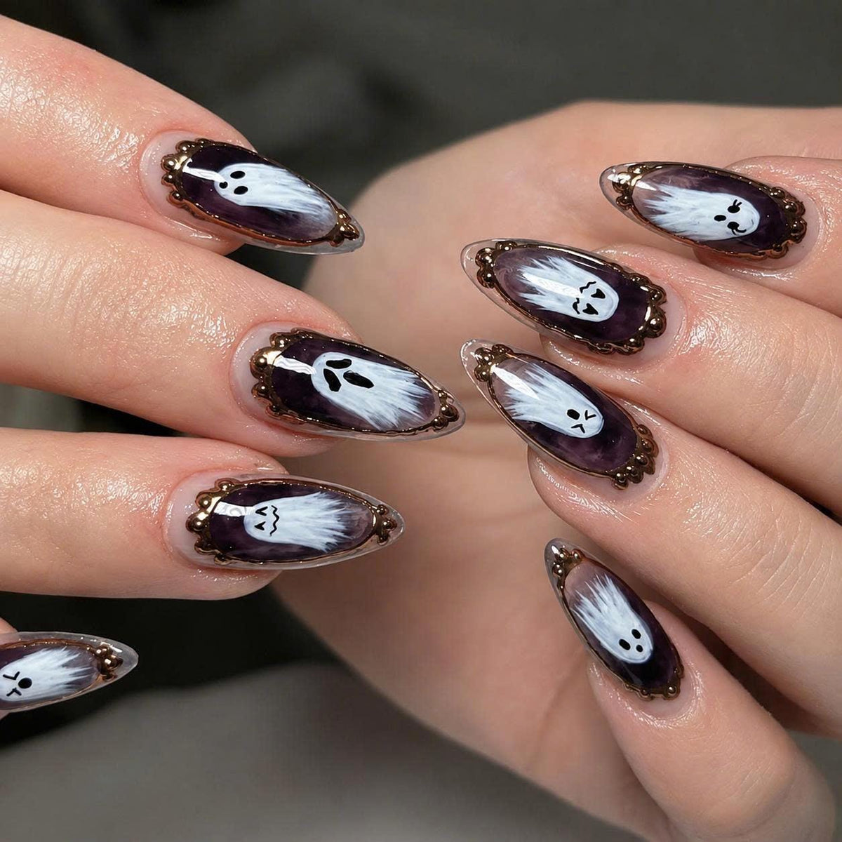 Ghost Halloween Press-On Nails – Purple Gothic Long Stiletto – Framed Spooky Ghost Details