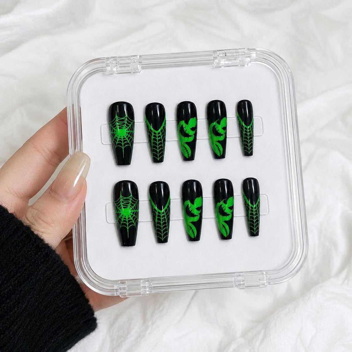 Green Black Halloween Press-On Nails – Spider Web Long Coffin – Stitched Monster Gothic