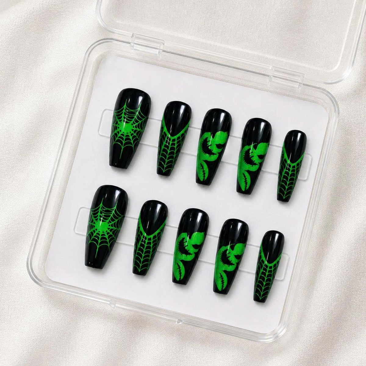 Green Black Halloween Press-On Nails – Spider Web Long Coffin – Stitched Monster Gothic