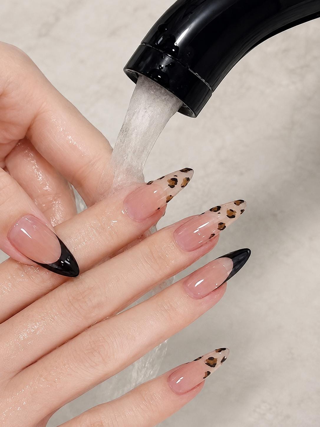 Leopard Print Press-On Nails – Nude Black French Tip Square – Brown Animal Print