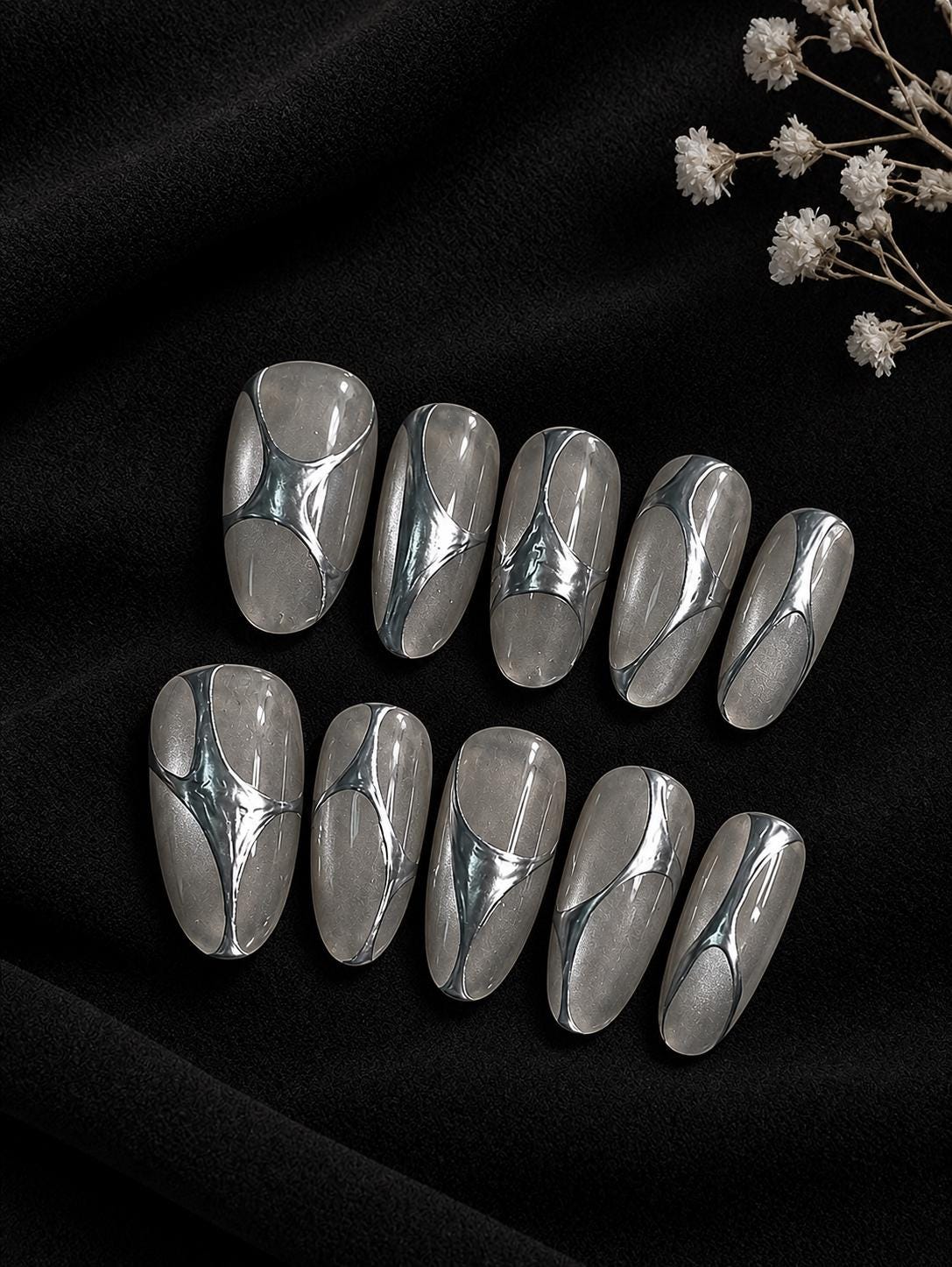 Silver Chrome Press-On Nails – Abstract 3D Metallic Almond – Clear Nude Chrome Swirl