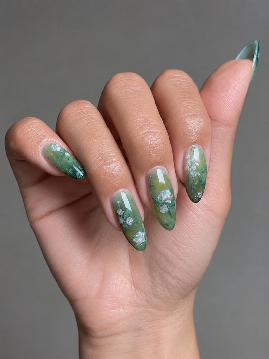 Green Floral Press-On Nails – White Flower Almond – Olive Green Botanical