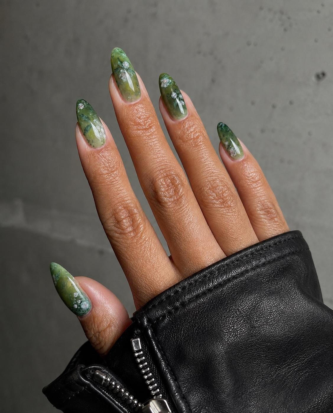 Green Floral Press-On Nails – White Flower Almond – Olive Green Botanical