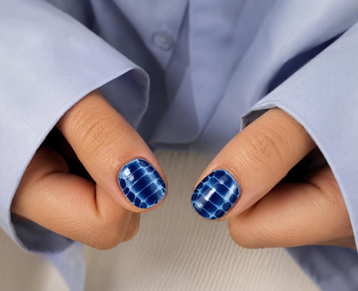 Blue Croc Print Press-On Nails – Short Squoval Reptile – Navy Blue Crocodile Pattern