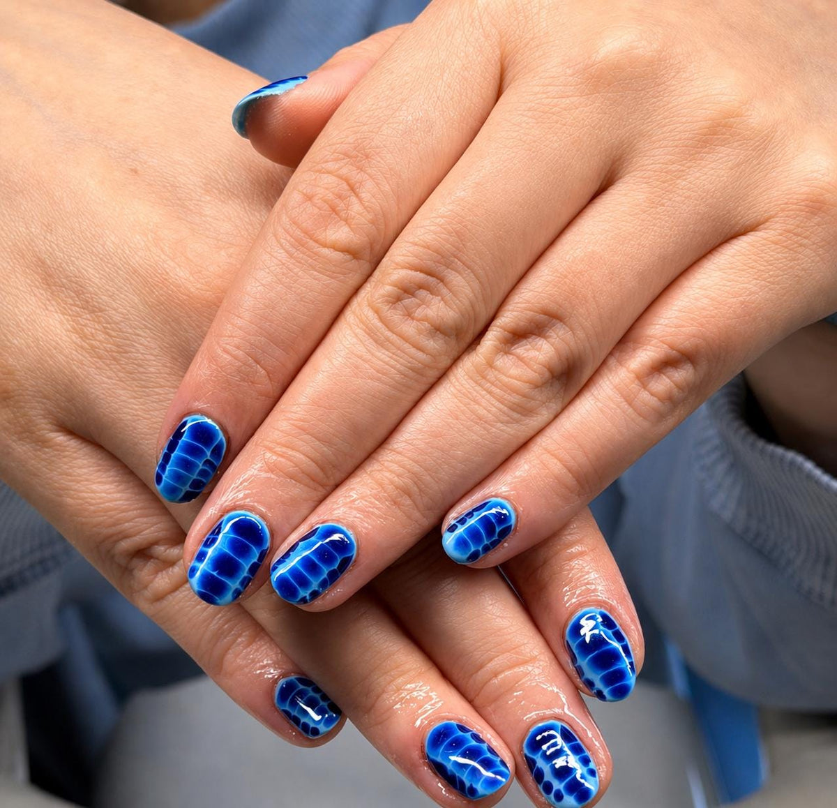 Blue Croc Print Press-On Nails – Short Squoval Reptile – Navy Blue Crocodile Pattern