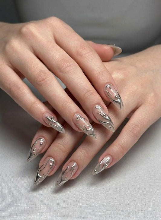 Silver Chrome 3D Press-On Nails – Y2K Cyberpunk – Long Almond Metallic