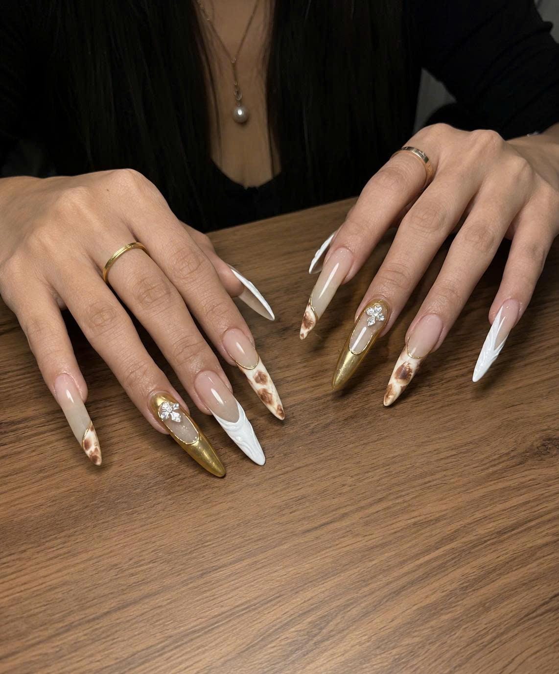 Gold Chrome Press-On Nails – White French Tip Long Stiletto – Cross Accent