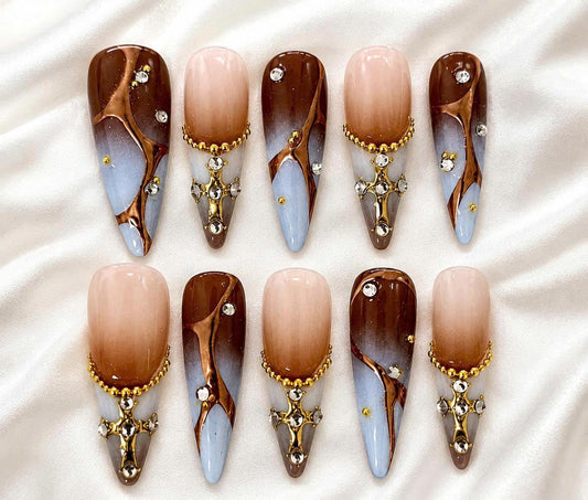 Gothic Cross Press-On Nails – Gold Chrome – Long Coffin