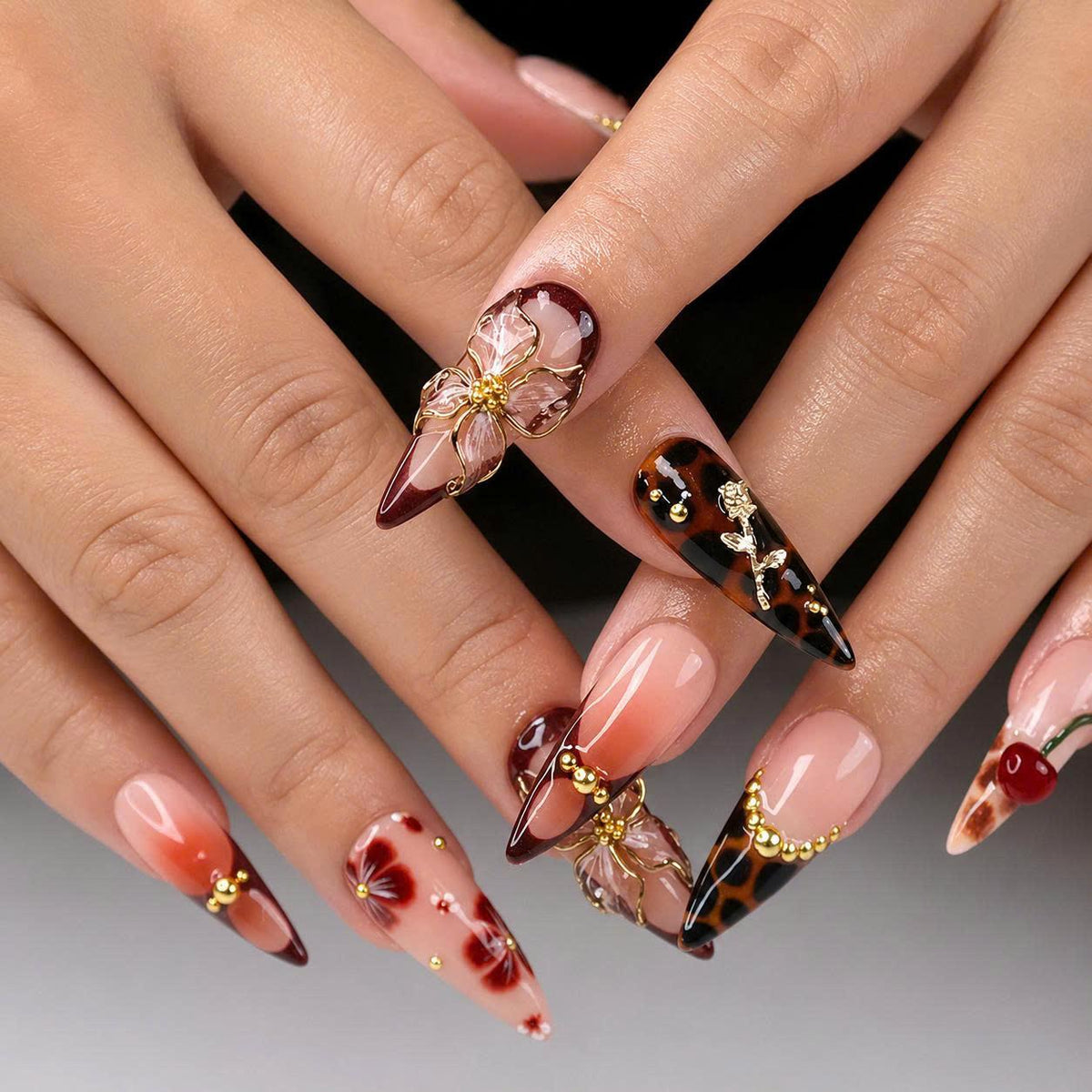 3D Flower Press-On Nails – Long Almond – Tortoise Shell