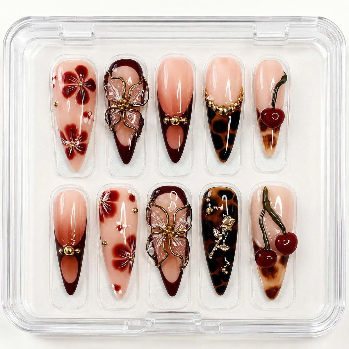3D Flower Press-On Nails – Long Almond – Tortoise Shell