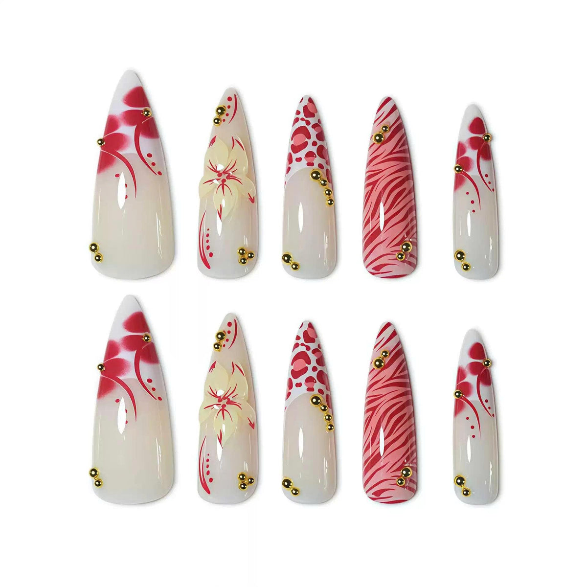 Red Floral Press-On Nails – Leopard/Zebra – Long Stiletto