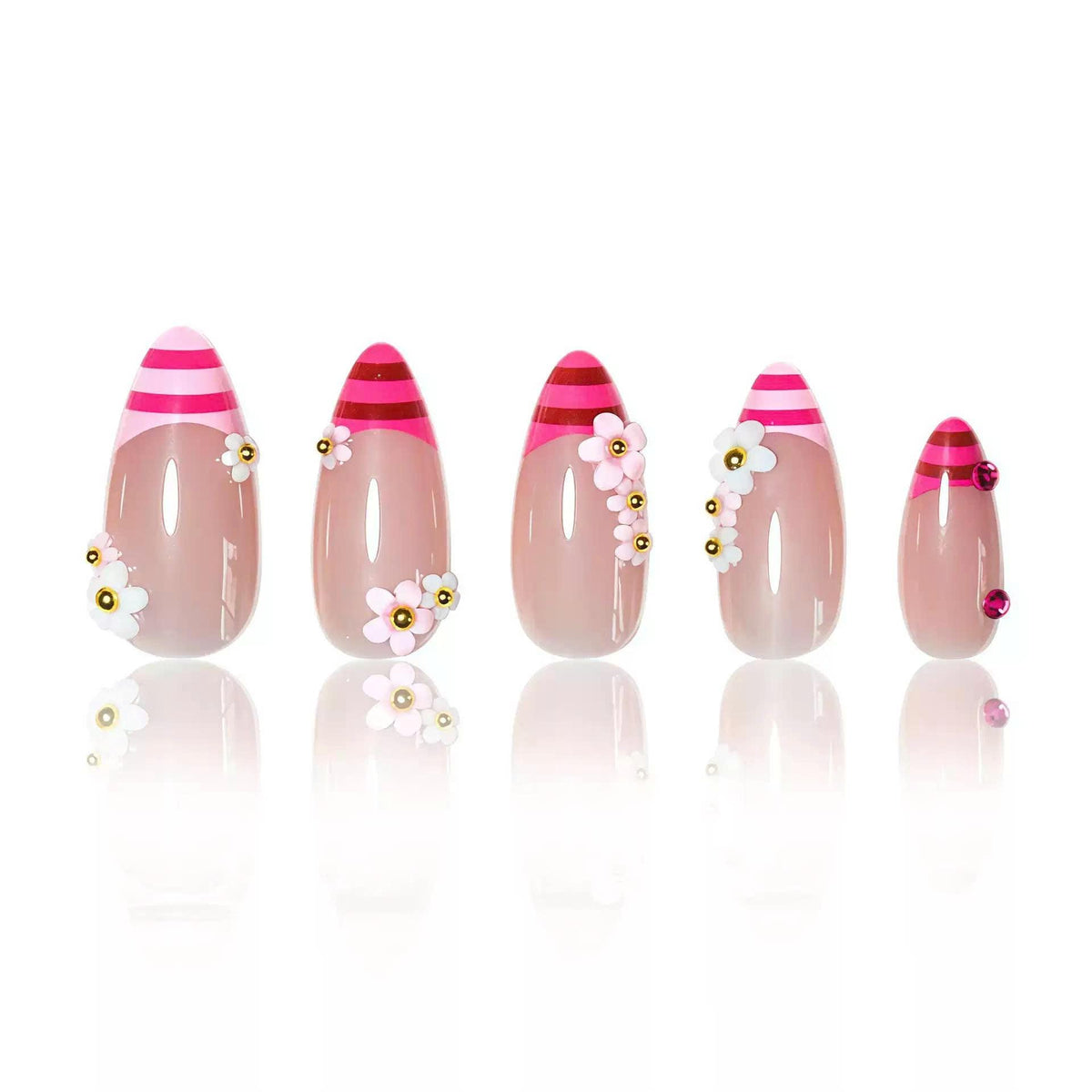 Pink French Tip Press-On Nails – 3D Flower Almond – Rhinestone Floral