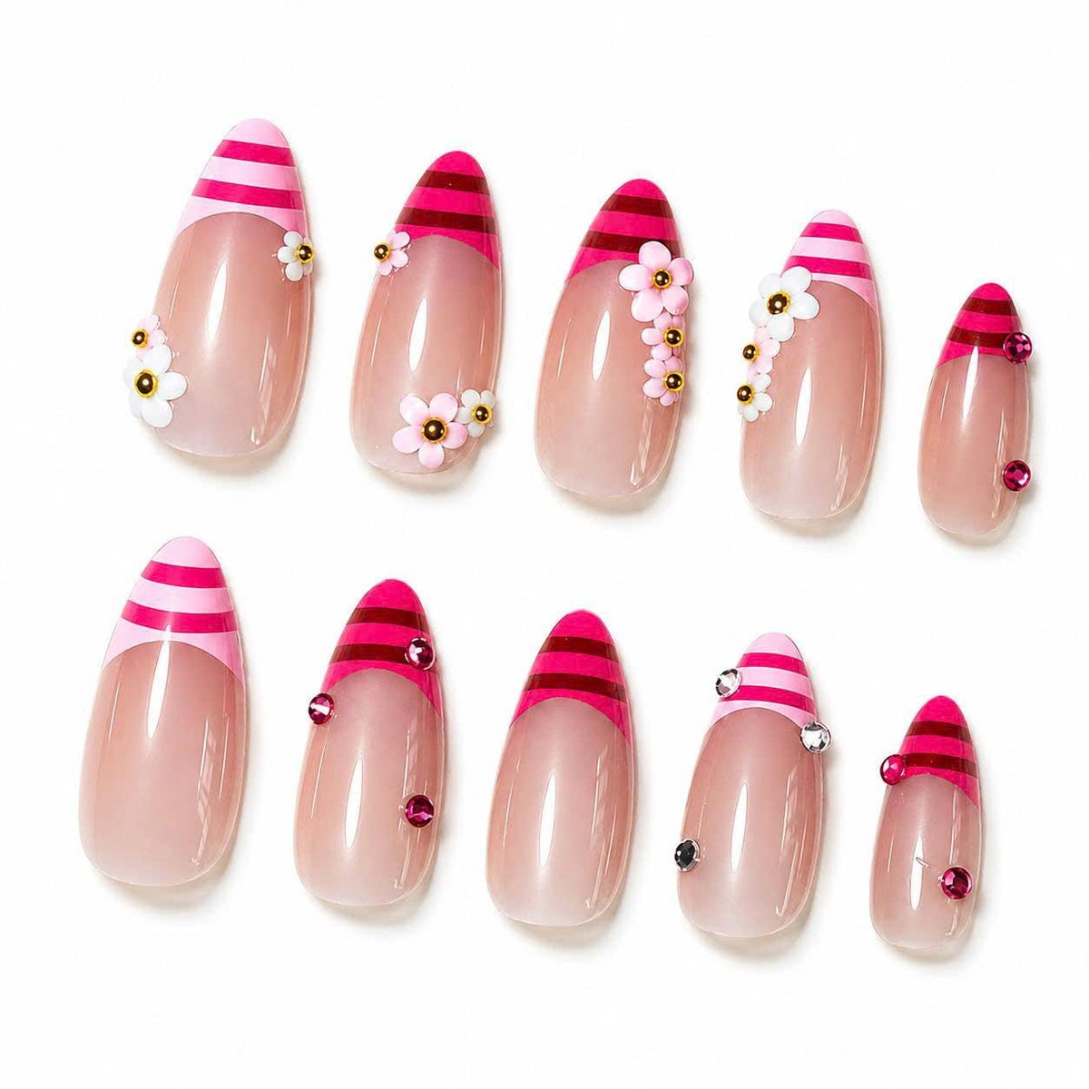 Pink French Tip Press-On Nails – 3D Flower Almond – Rhinestone Floral