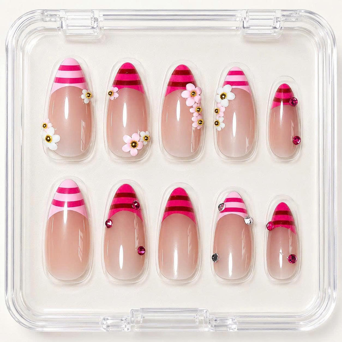 Pink French Tip Press-On Nails – 3D Flower Almond – Rhinestone Floral