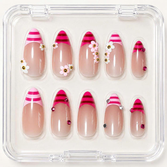 Pink French Tip Press-On Nails – 3D Flower Almond – Rhinestone Floral