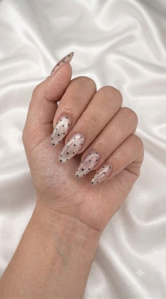 Black Polka Dot Press-On Nails – Cat Eye Long Almond – Minimalist